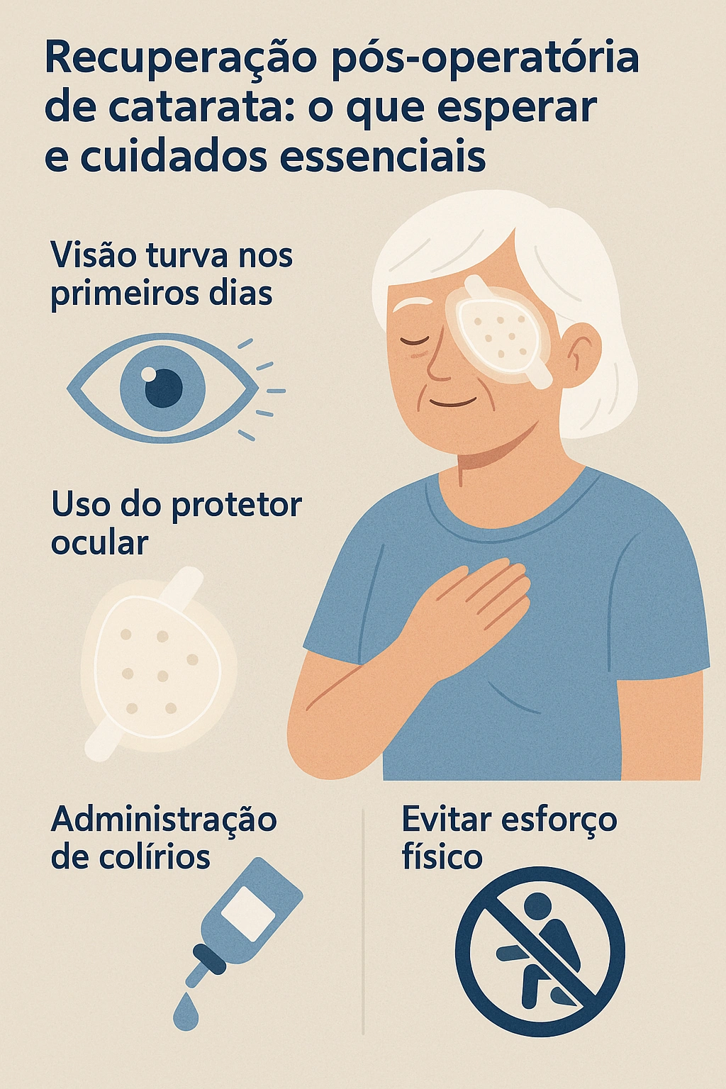 Paciente idosa sorrindo com curativo protetor após cirurgia de catarata