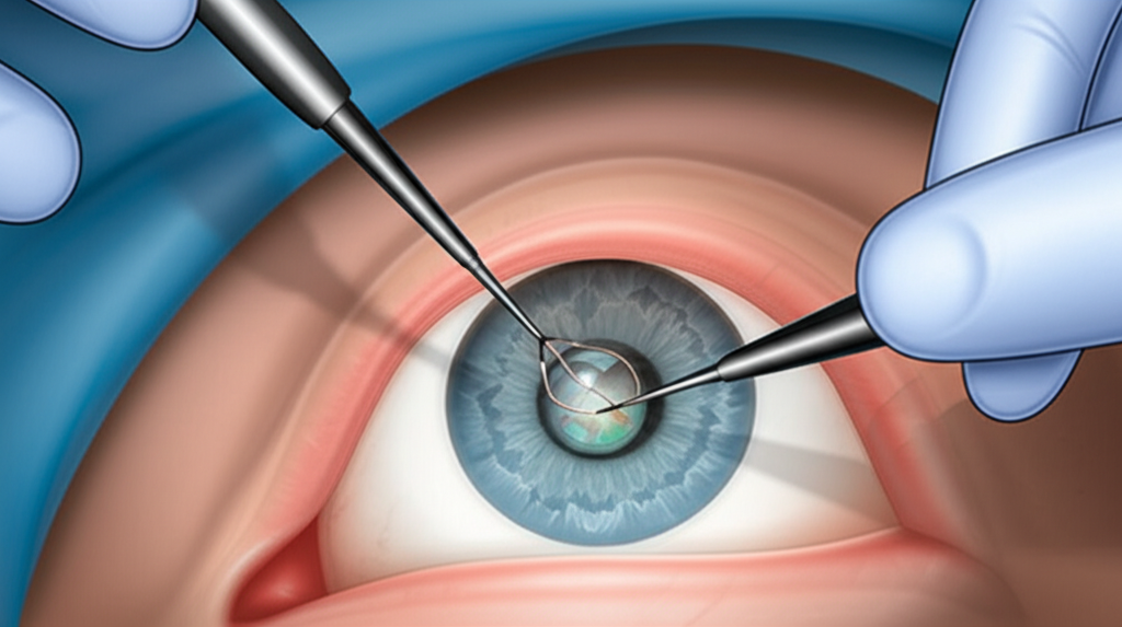 Ilustração da cirurgia de catarata com implante de lente intraocular