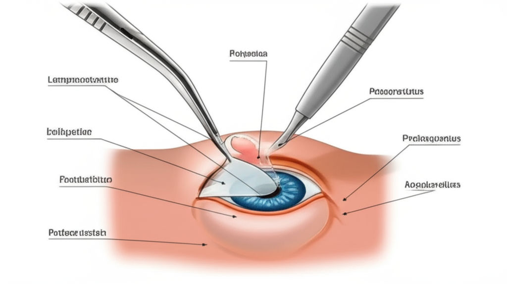 Ilustração médica da cirurgia de pterígio com autoenxerto